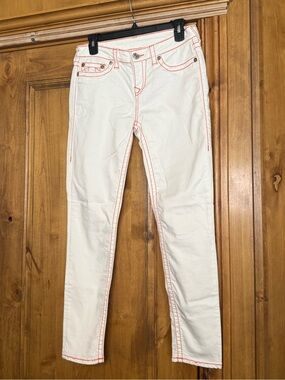 NWOT True Religion Halle Mid Rise Super Skinny White Jeans Orange Stitch Size 29